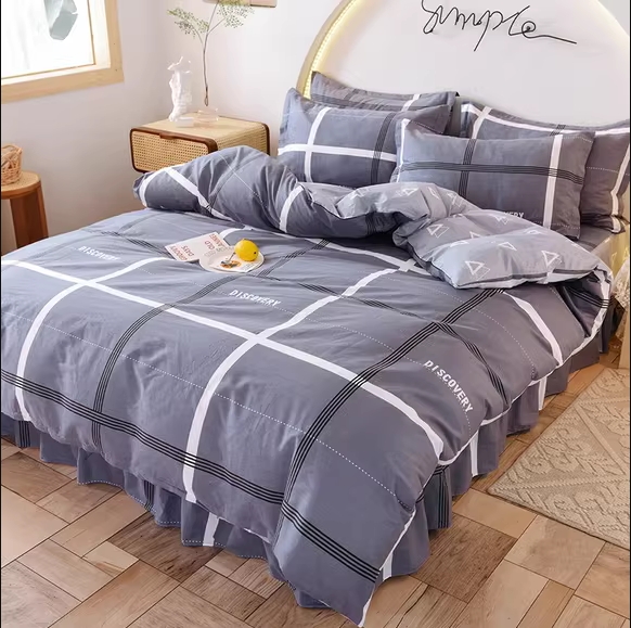 北欧条纹格纯棉全棉100男士床裙款四件套1.5m床单1.8米被套床笠罩